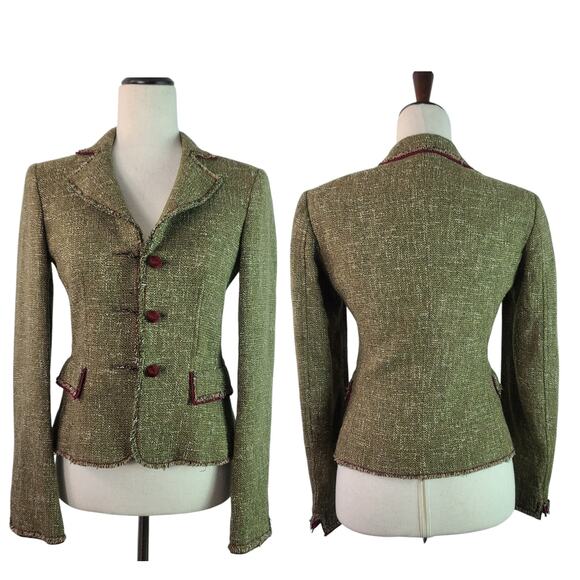 Alberta Ferretti Made in ItalyOlive Green Burgundy Wine Tweed Jacket Blazer 4 S - Picture 1 of 7